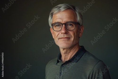 White man with gray hair and glasses wearing a polo shirt. Editorial style. 