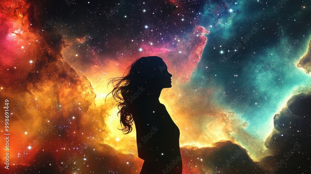 Beautiful woman silhouetted against a colorful galaxy, surrounded by stars and nebulae, representing cosmic wonder Beautiful woman silhouetted against a colorful galaxy, surrounded by stars and nebulae, representing cosmic wonder