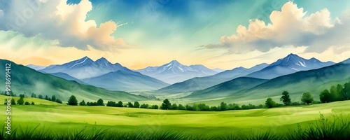 A serene landscape with a lush green valley, rolling hills, and majestic snow-capped mountains under a cloudy sky photo