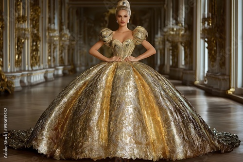 Woman in an elegant gold dress standing in an opulent rococo baroque golden corridor chateau mansion hallway.