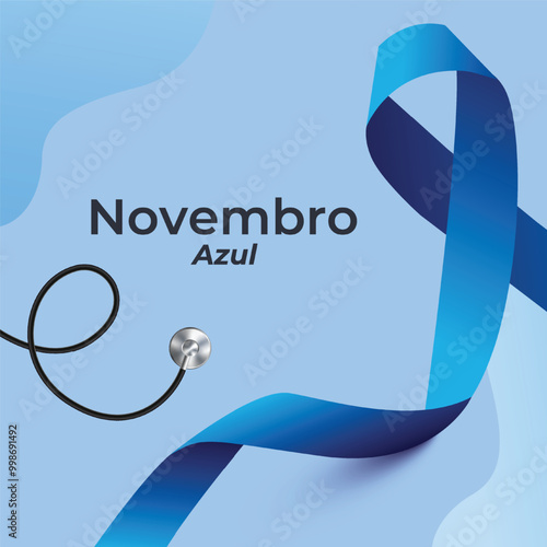 Novembro Azul Campaign Banner with Ribbon on Blue Fabric Background. Blue November