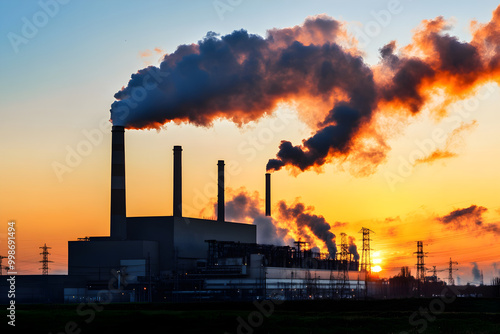 Industrial landscape with smokestacks emitting smoke at sunset