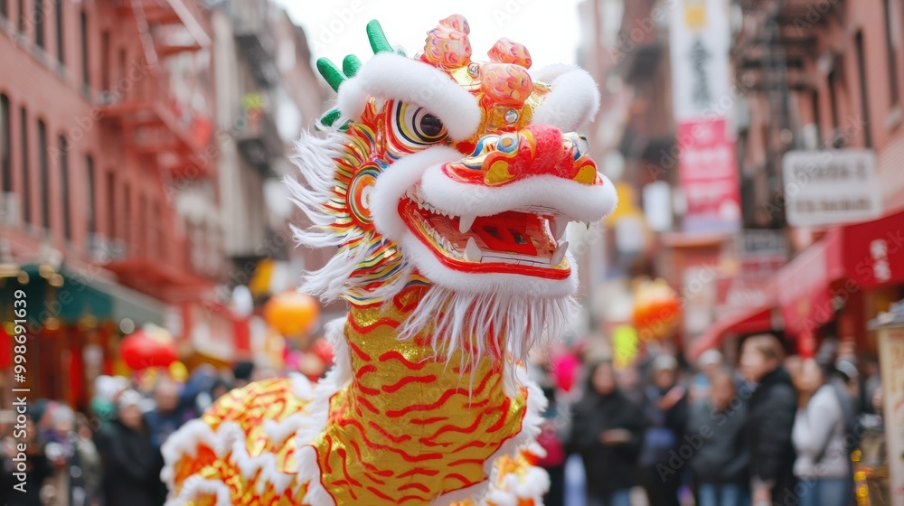 Fototapeta premium Chinese new year dragon dance performance in vibrant urban setting