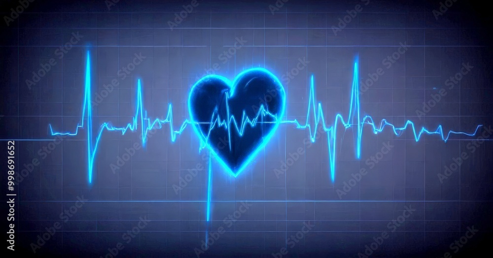 A glowing blue heart is centered against a dark background, with a blue line graph displaying an electrical heartbeat waveform A glowing blue heart is centered against a dark background, with a blue line graph displaying an electrical heartbeat waveform