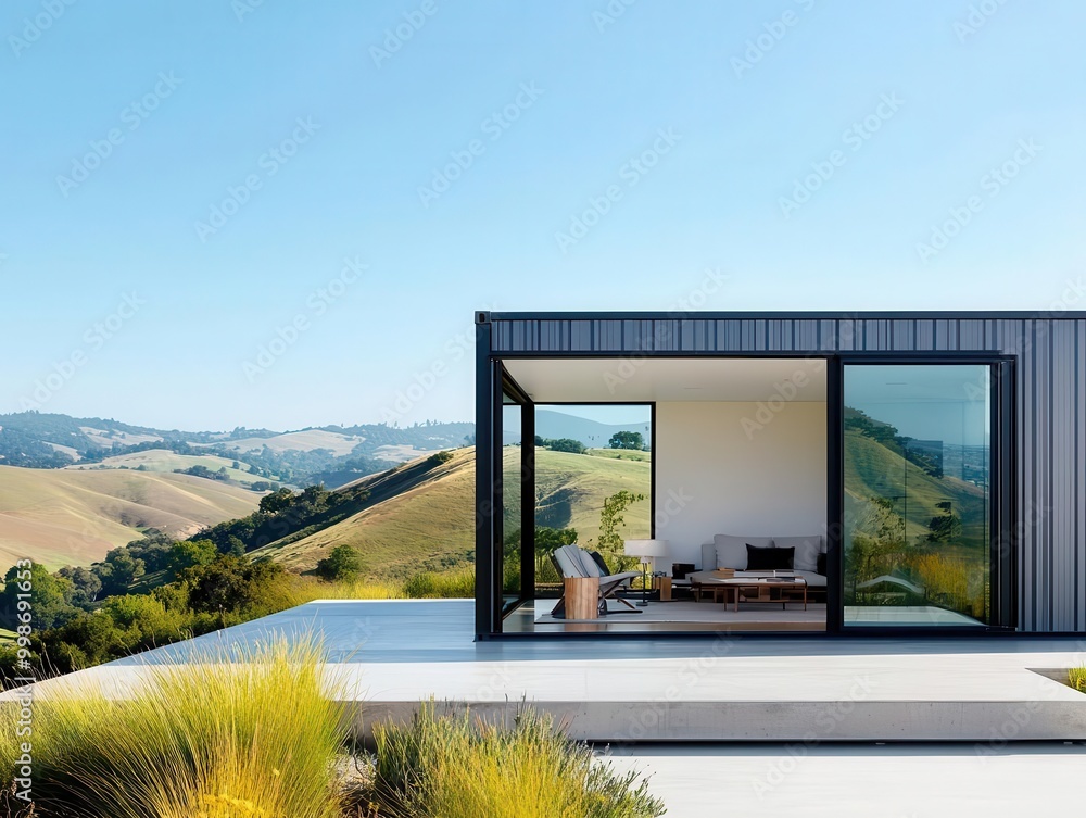 Fototapeta premium Minimalist container work room exterior with concrete finish, glass door, and tranquil garden setting