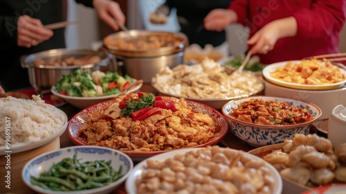 Chinese new year feast table with traditional dishes for celebratory gatherings