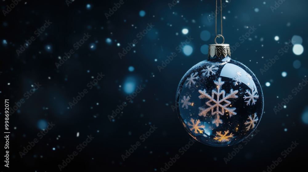 Christmas ball on dark blue background with glitter effects. Holiday winter background, Snowglobe in eve night, generative ai Christmas ball on dark blue background with glitter effects. Holiday winter background, Snowglobe in eve night, generative ai