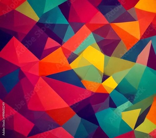 a vibrant abstract pattern composed of numerous triangular shapes in a variety of bright colors, including shades of red, orange, yellow, green, blue, and purple The