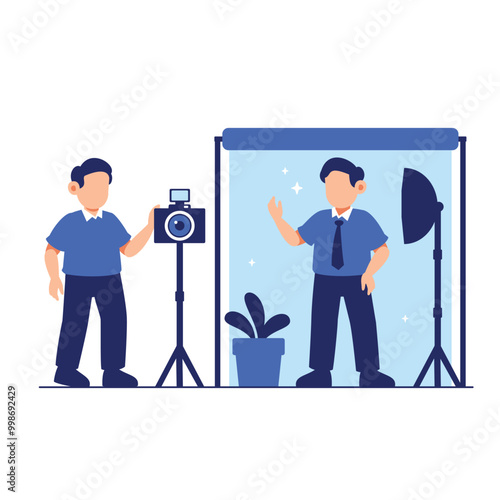 A photographer taking pictures of a person in a studio setting. The photographer is holding a camera and the person is standing in front of a backdrop with lighting equipment.