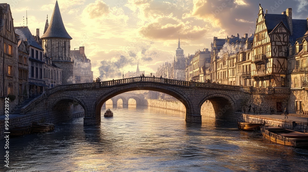 Obraz premium A grand stone bridge, crossing a wide river in a European city, with historical buildings lining the riverbank