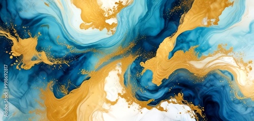 a swirling abstract pattern of blue, white, and gold colors, with splashes of gold and white creating a dynamic and captivating visual effect