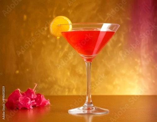 Wallpaper Mural A martini glass filled with a vibrant red cocktail, garnished with a lemon slice, sits on a golden surface with a few pink flower petals nearby Torontodigital.ca