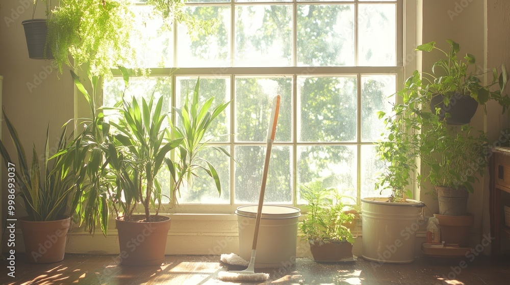 A mop and bucket positioned in front of a picturesque window with plants, emphasizing the harmony of cleanliness and natural light in a home