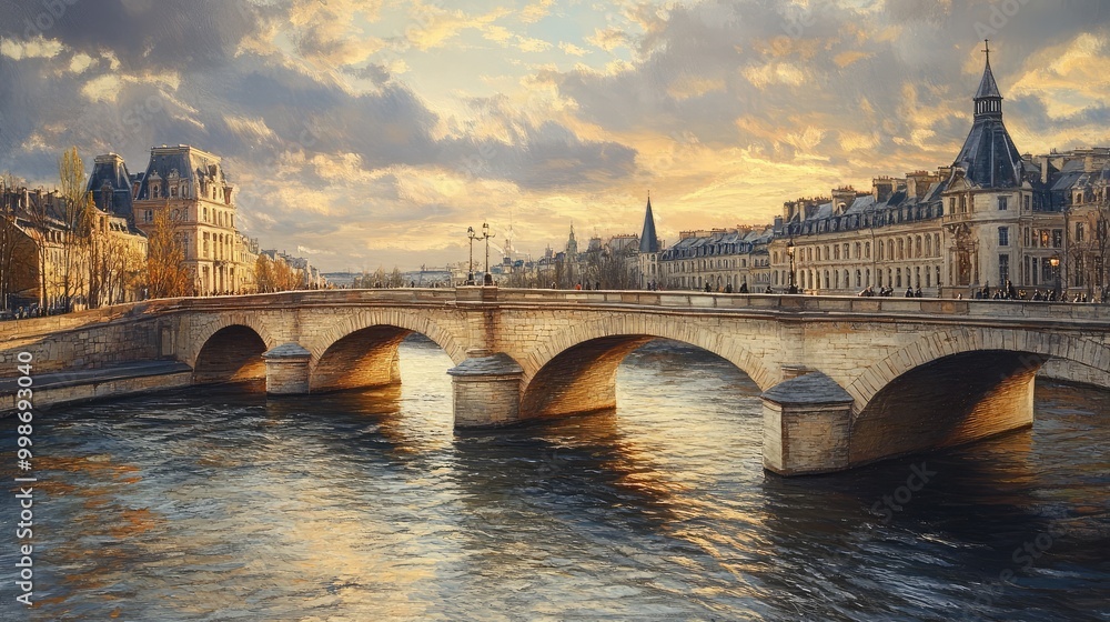 Obraz premium A grand stone bridge, crossing a wide river in a European city, with historical buildings lining the riverbank