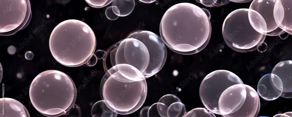 A close-up view of numerous transparent bubbles floating against a dark background, creating a visually striking and abstract composition A close-up view of numerous transparent bubbles floating against a dark background, creating a visually striking and abstract composition