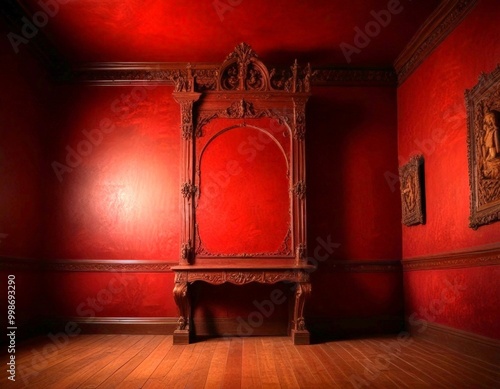 An ornate wooden cabinet with a carved arch and a mirror sits in a dimly lit room with red walls and a wooden floor