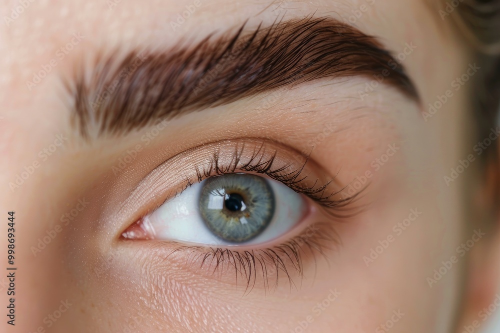 Close up of a female eye with perfectly shaped eyebrows after a professional eyebrow microblading procedure Close up of a female eye with perfectly shaped eyebrows after a professional eyebrow microblading procedure