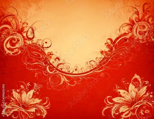 a vibrant red background adorned with intricate floral designs in shades of orange and white The floral patterns are arranged in a symmetrical and repeating pattern, creating photo