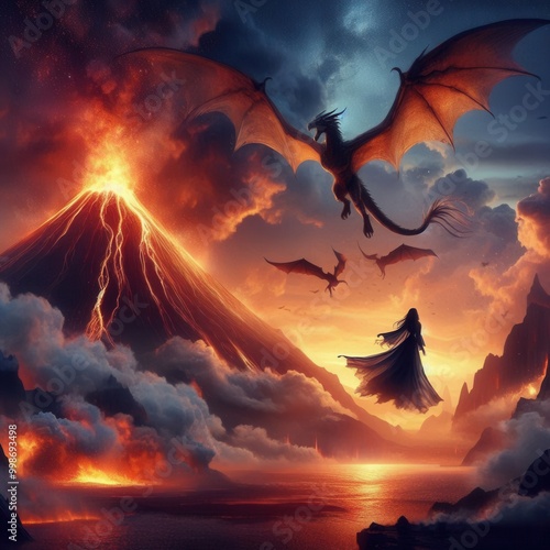 Witch and dragon flying around a volcano 