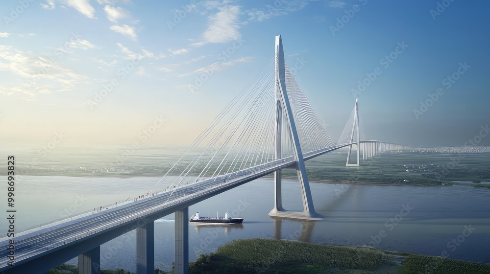 Obraz premium A long cable-stayed bridge, crossing a wide, deep river in a coastal region, with a ship passing beneath