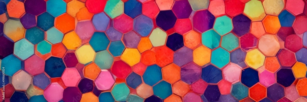 A vibrant mosaic of multicolored hexagonal tiles, each with a unique hue, creates a visually striking pattern across the