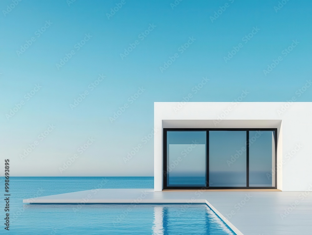 Fototapeta premium Minimalist container work room exterior with concrete finish, glass door, and tranquil garden setting