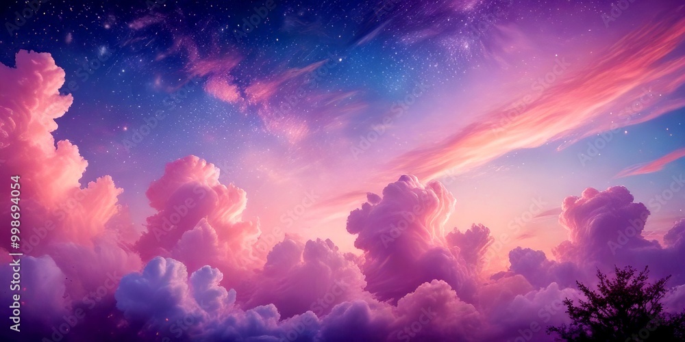 a serene sky with pink and purple clouds, a starry night sky, and a silhouetted tree in the foreground a serene sky with pink and purple clouds, a starry night sky, and a silhouetted tree in the foreground