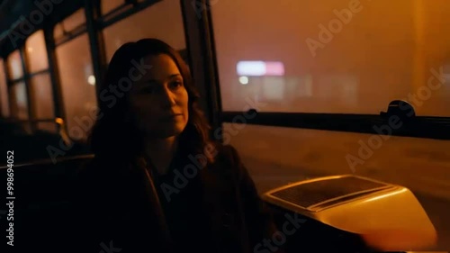  lone woman sits in the back of a late-night bus, her face illuminated by the soft glow of the dashboard lights