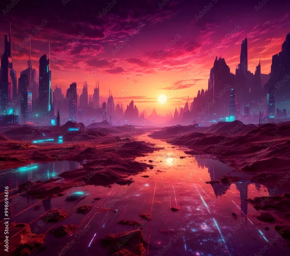 a futuristic cityscape at sunset, with towering skyscrapers silhouetted against a vibrant sky The city's architecture is reflected in a body of water, creating a a futuristic cityscape at sunset, with towering skyscrapers silhouetted against a vibrant sky The city's architecture is reflected in a body of water, creating a