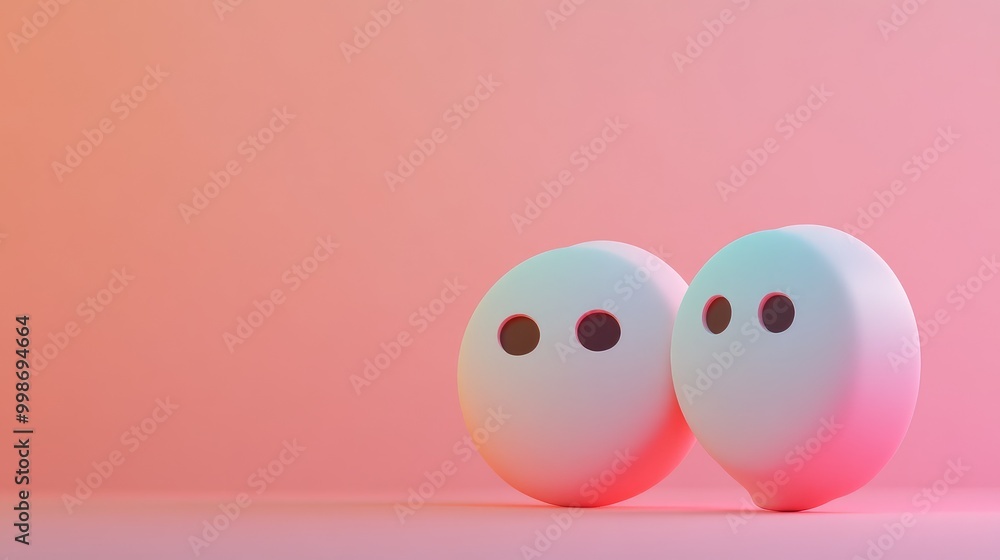 Two white 3D spheres with black dots on a pink background. Two white 3D spheres with black dots on a pink background.