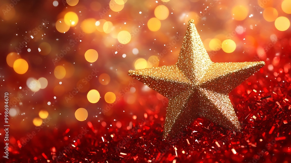 A glittery gold star ornament placed on red tinsel with glowing bokeh lights in the background, creating a warm festive atmosphere. A glittery gold star ornament placed on red tinsel with glowing bokeh lights in the background, creating a warm festive atmosphere.