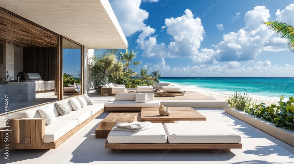 A luxurious beachfront villa with panoramic ocean views, featuring a sleek patio lounge with modern furniture, creating the perfect seaside escape A luxurious beachfront villa with panoramic ocean views, featuring a sleek patio lounge with modern furniture, creating the perfect seaside escape