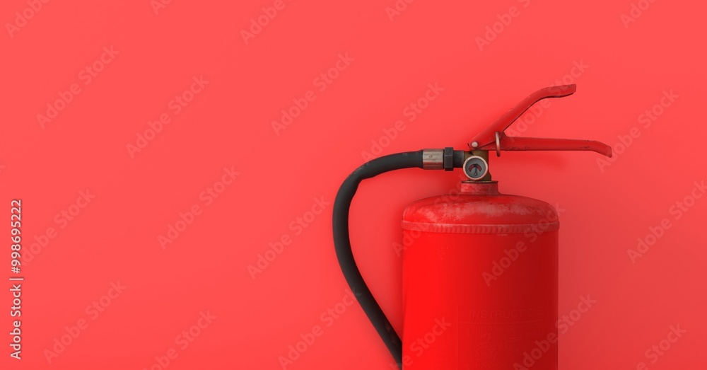 One fire extinguisher on red background One fire extinguisher on red background