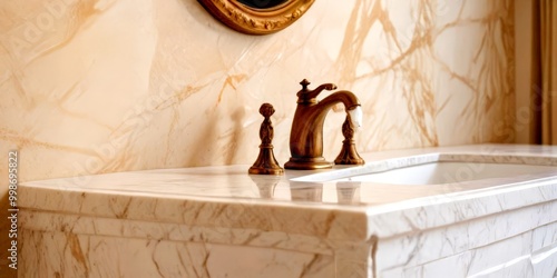 A close-up view bathroom sink with a gold faucet and handles, set against a marble countertop and a wall with a gold-framed mirror photo