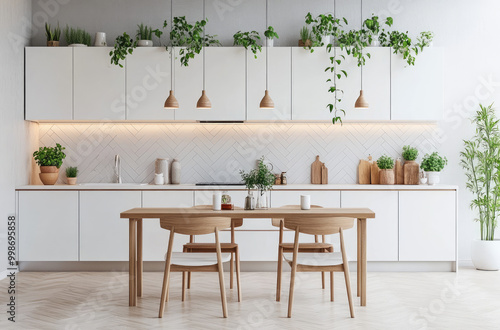 A kitchen with white cabinets, a wooden table, and barstools. The wall is decorated in an industrial style with geometric tiles and hanging plants of greenery for fresh air.