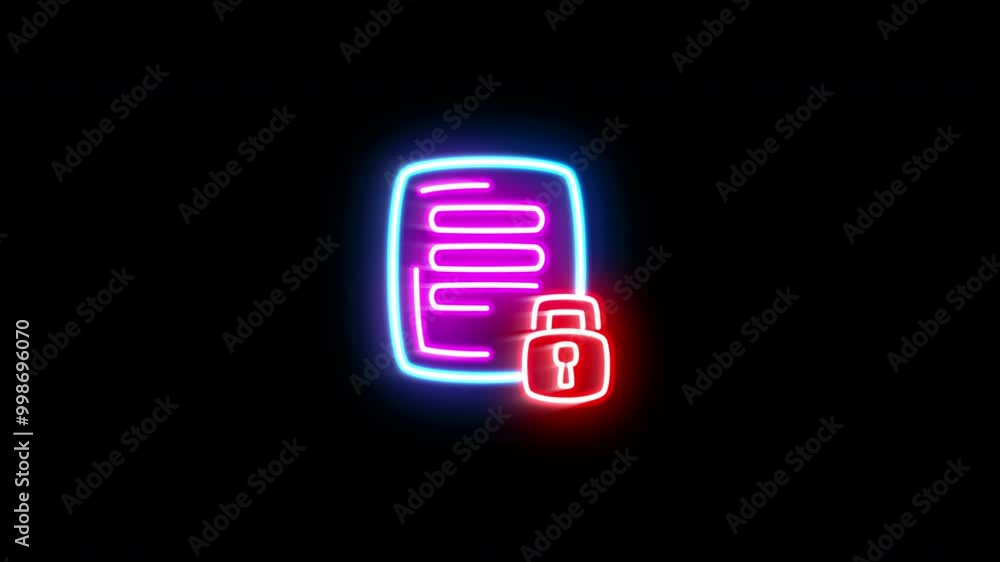 The blinking neon light of paper with lock icon in the black background. The blinking neon light of paper with lock icon in the black background.
