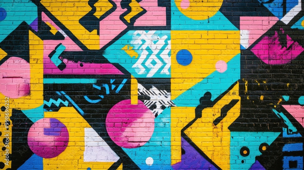 Obraz premium Bright and colorful pop art graffiti on a brick wall, featuring bold shapes and geometric patterns in urban street style