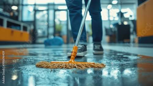 A person mopping an office floor during after-hours, highlighting the behind-the-scenes effort to maintain a clean working environment for employees