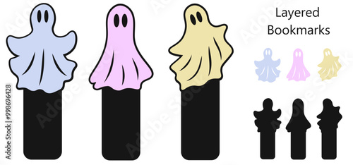 Halloween bookmarks with ghosts, Layered papercut svg design