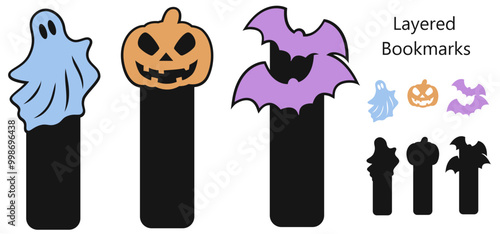Halloween bookmarks with ghost, pumpkin and bat, Layered papercut svg design