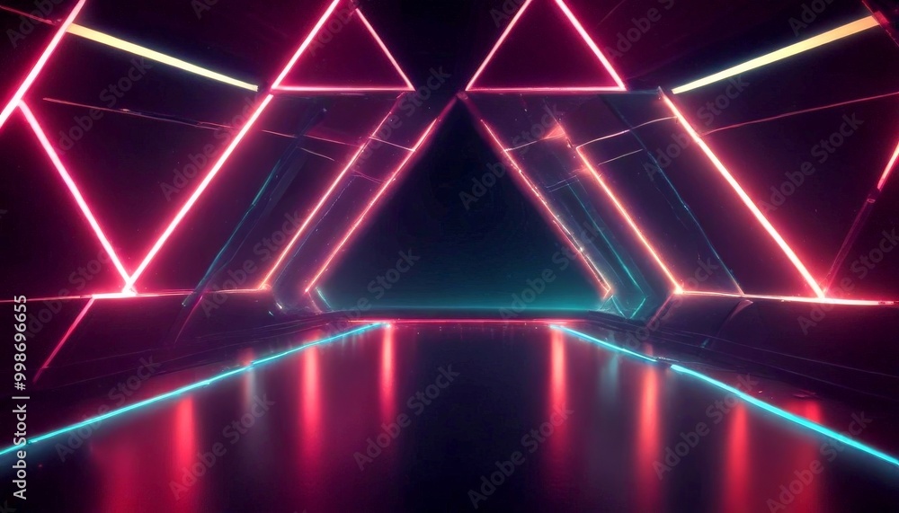 A futuristic corridor with a geometric pattern of triangular lights in pink, blue, and green, creating a visually striking and immersive environment A futuristic corridor with a geometric pattern of triangular lights in pink, blue, and green, creating a visually striking and immersive environment