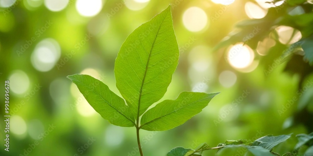 A close-up view large, vibrant green leaf with a smaller leaf attached to it, set against a blurred, natural background of greenery and sunlight