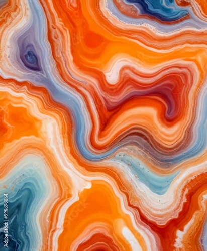 a close-up view vibrant, abstract marble pattern composed of overlapping curved lines in various shades of orange, blue, and white