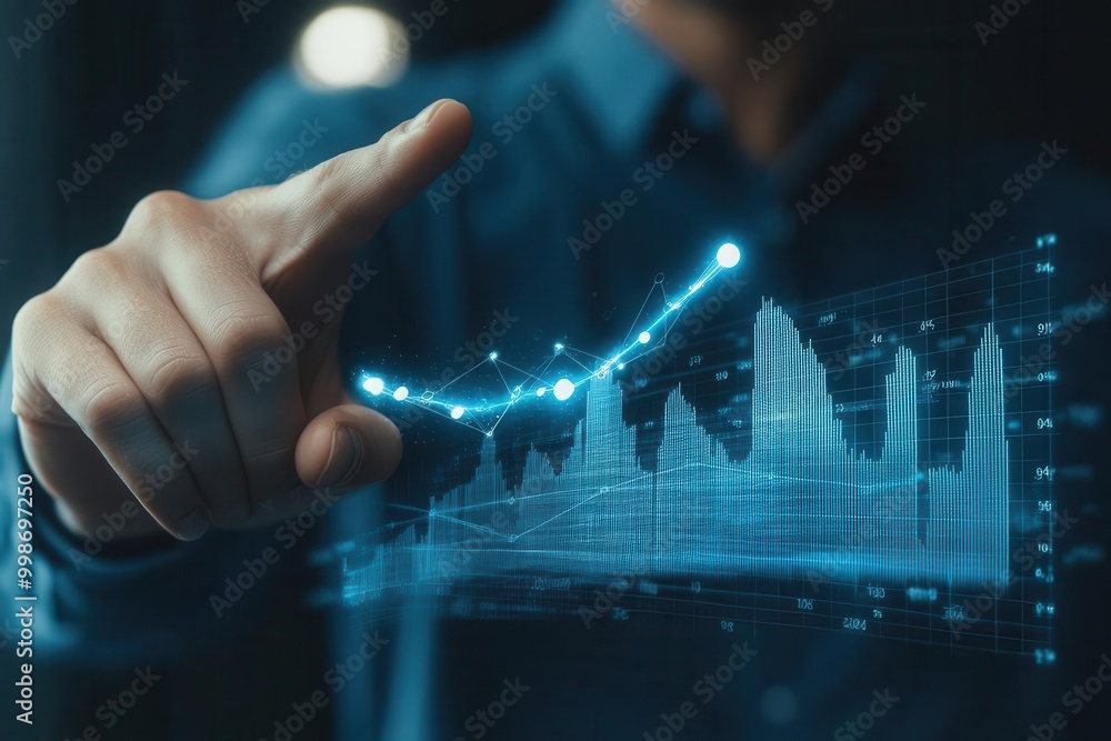 A hand interacts with a digital graph, illustrating data trends and analytics in a modern, tech-driven environment. A hand interacts with a digital graph, illustrating data trends and analytics in a modern, tech-driven environment.
