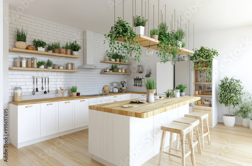 A kitchen with white cabinets, an island table in the center of which is covered by brown wooden seating and plants hanging from above on black metal stands