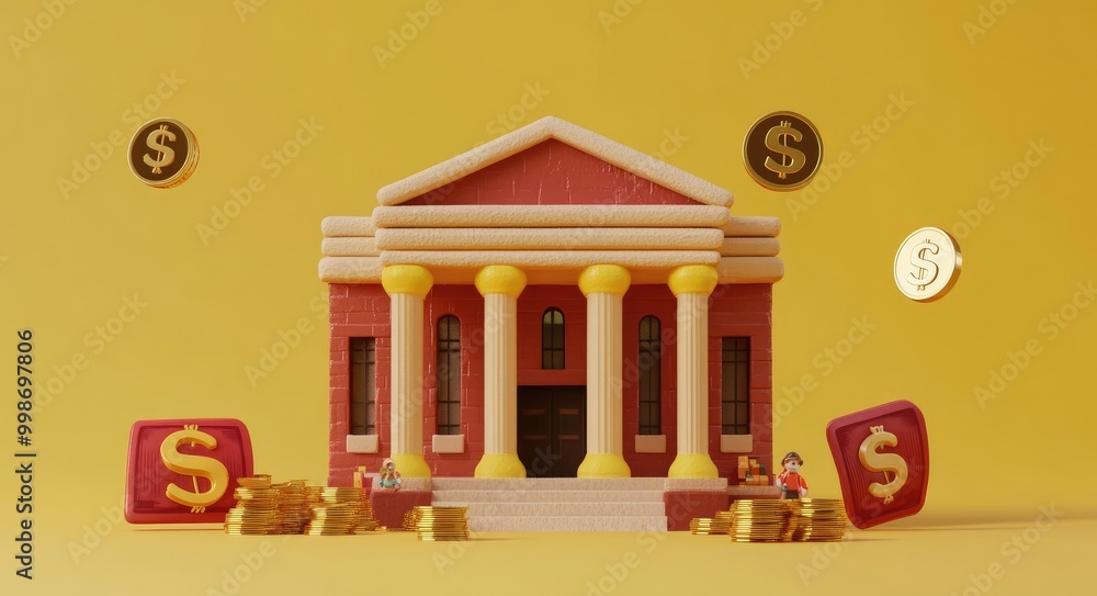 3D rendering of a bank building with gold coins, dollar signs, and miniature people. 3D rendering of a bank building with gold coins, dollar signs, and miniature people.