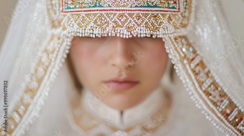 Intricate beadwork on traditional kazakh headdress for cultural heritage display photo