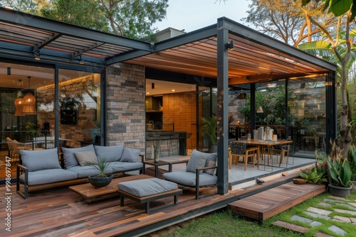 Modern open plan home featuring a wooden deck with patio furniture and a pergola