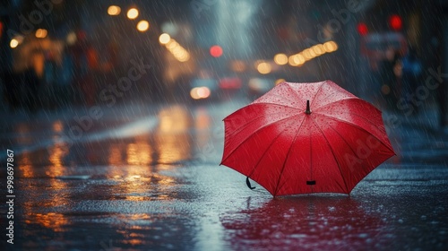 Wallpaper Mural A red umbrella standing out against a city street during a heavy downpour, with puddles forming on the ground. Torontodigital.ca