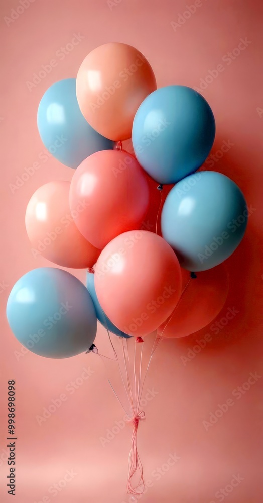 A bouquet of pastel-colored balloons, including pink, blue, and white, is tied together with a pink ribbon against a soft pink background A bouquet of pastel-colored balloons, including pink, blue, and white, is tied together with a pink ribbon against a soft pink background